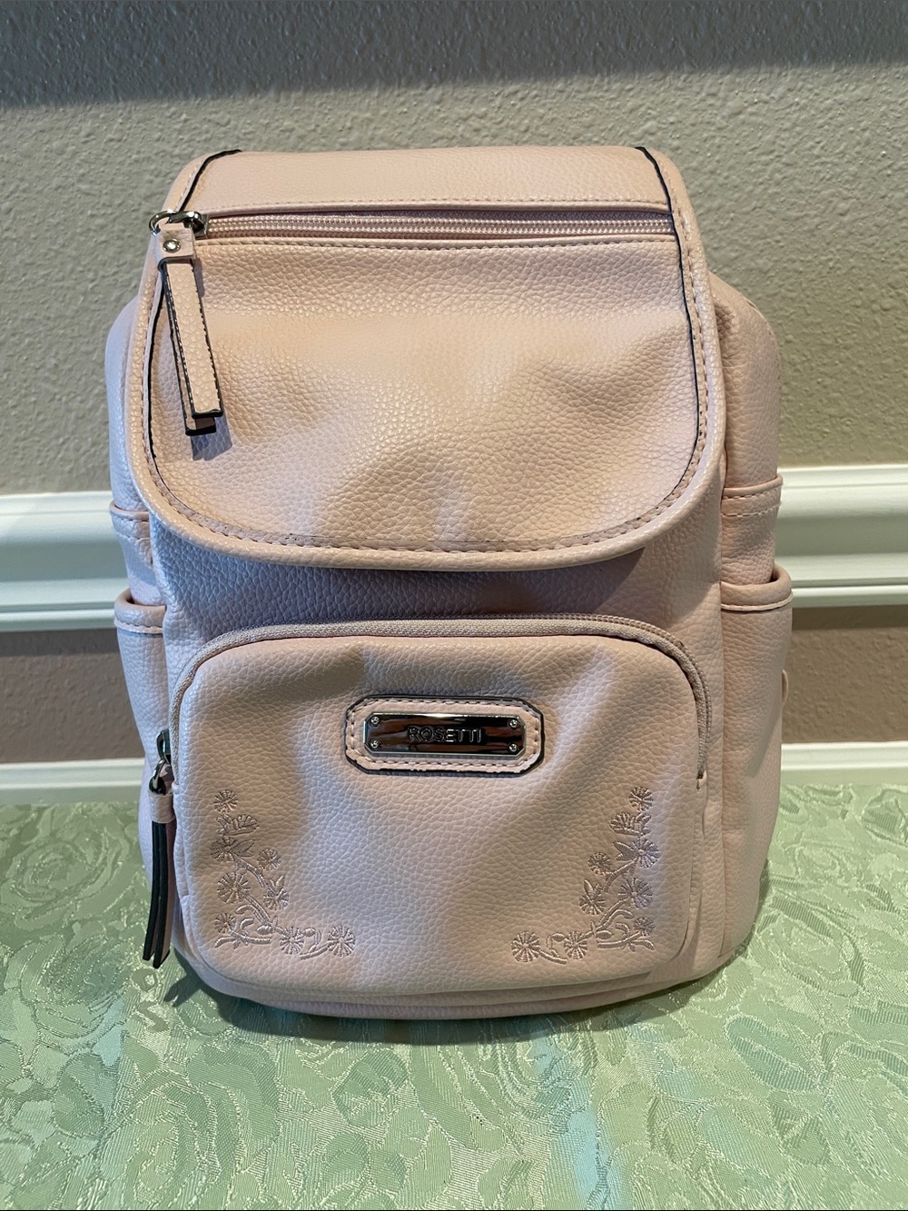 Rosetti Light Pink Faux Leather Backpack with Floral Embroidery